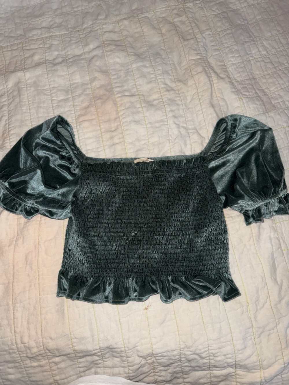 Rewind Velvet Smocked Puff Sleeve Crop Top - Dark Green